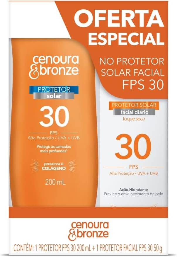 Cenoura e Bronze Kit Protetor Solar Corpo FPS 30 200ml + Facial FPS 30 50g, Cor: Branco